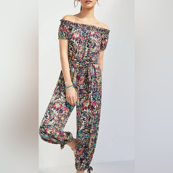 Anthropologie Pants - Anthropologie Black Floral Off The Shoulder Jumpsuit Size Medium